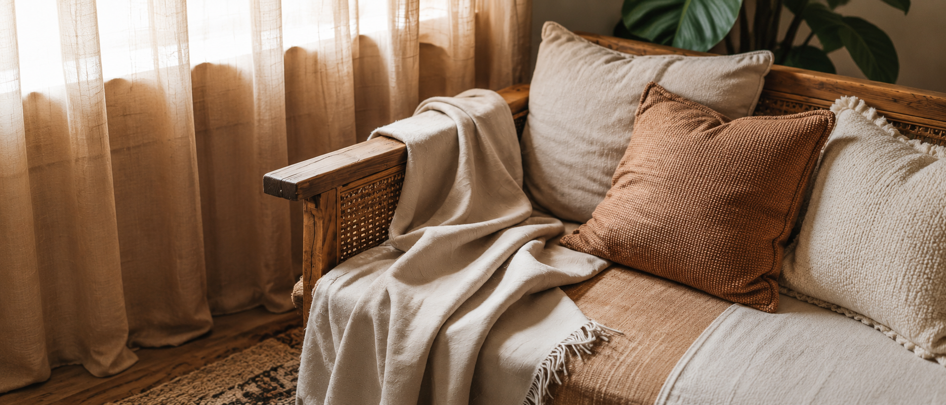 Soft home textiles styled in a calm living space